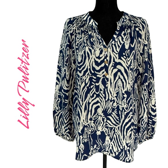 Lilly Pulitzer Tops - LILLY PULITZER Elsa Silk Top, Blue coral pattern, Size Medium (NWOT)